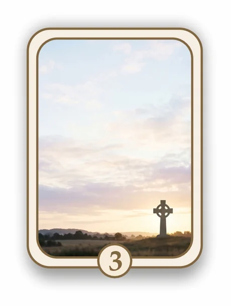 Celtic 3 memorial card design — Celtic cross silhouetted at sunrise