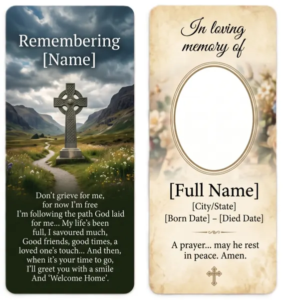Memorial bookmark template 9 — laminated keepsake bookmark with photograph, prayer and Celtic detail