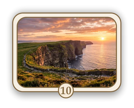 Scenic 10 memorial card design — sea cliffs at sunset