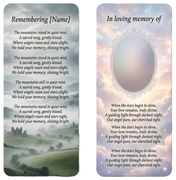 Memorial bookmark template 11 — laminated keepsake bookmark with photograph, prayer and Celtic detail