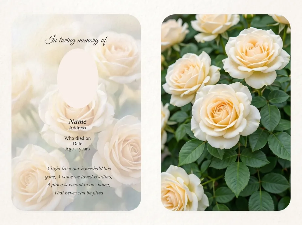 Folding memorial card template 33 — personalised Irish memorial card design with photograph, verse and decorative border