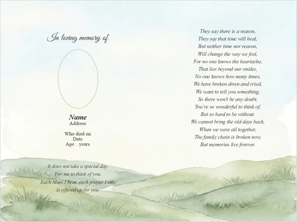 Folding memorial card template 25 — personalised Irish memorial card design with photograph, verse and decorative border