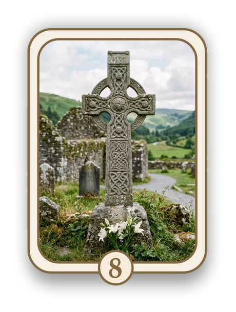 Celtic 8 memorial card design — Celtic cross beside an old church ruin