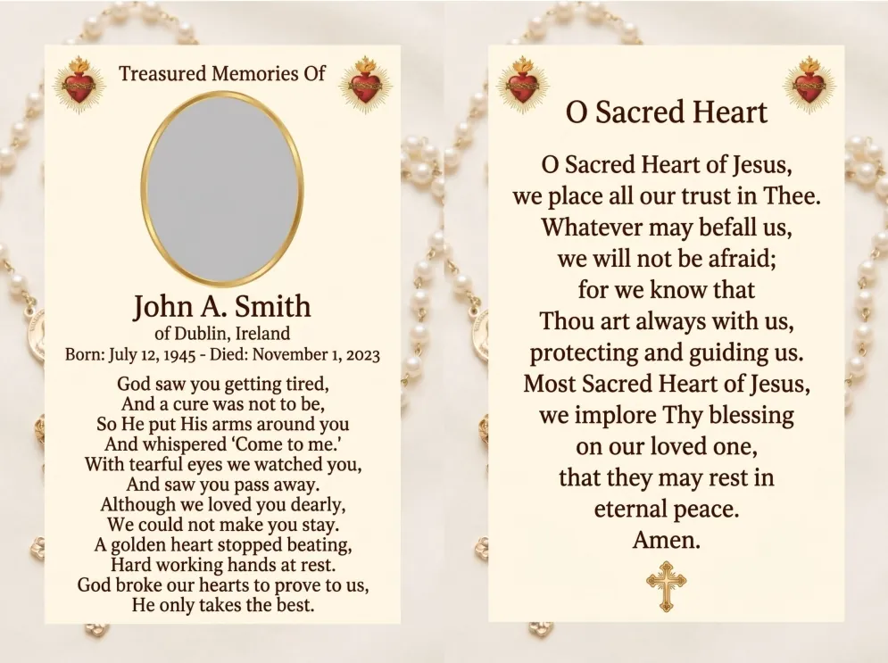 Folding memorial card template 13 — personalised Irish memorial card design with photograph, verse and decorative border