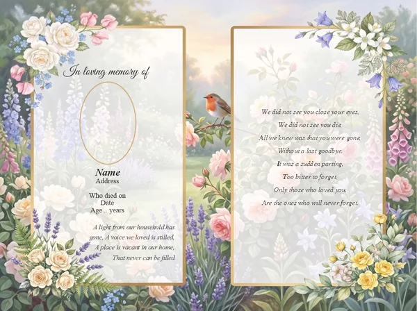Folding memorial card template 44 — personalised Irish memorial card design with photograph, verse and decorative border