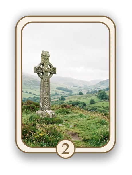 Celtic 2 memorial card design — Celtic cross on a green hillside