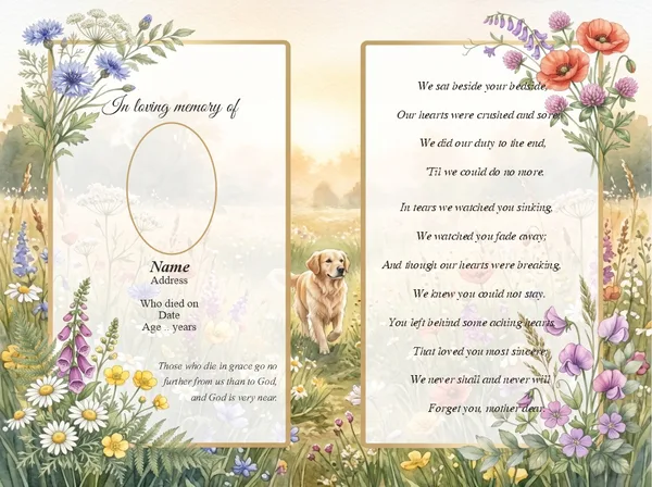 Folding memorial card template 42 — personalised Irish memorial card design with photograph, verse and decorative border