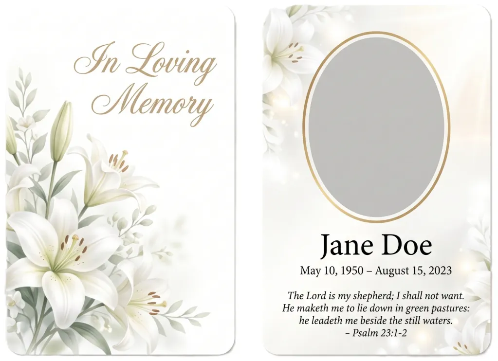 Memorial wallet card template 1 — pocket-sized laminated card with photograph and remembrance verse