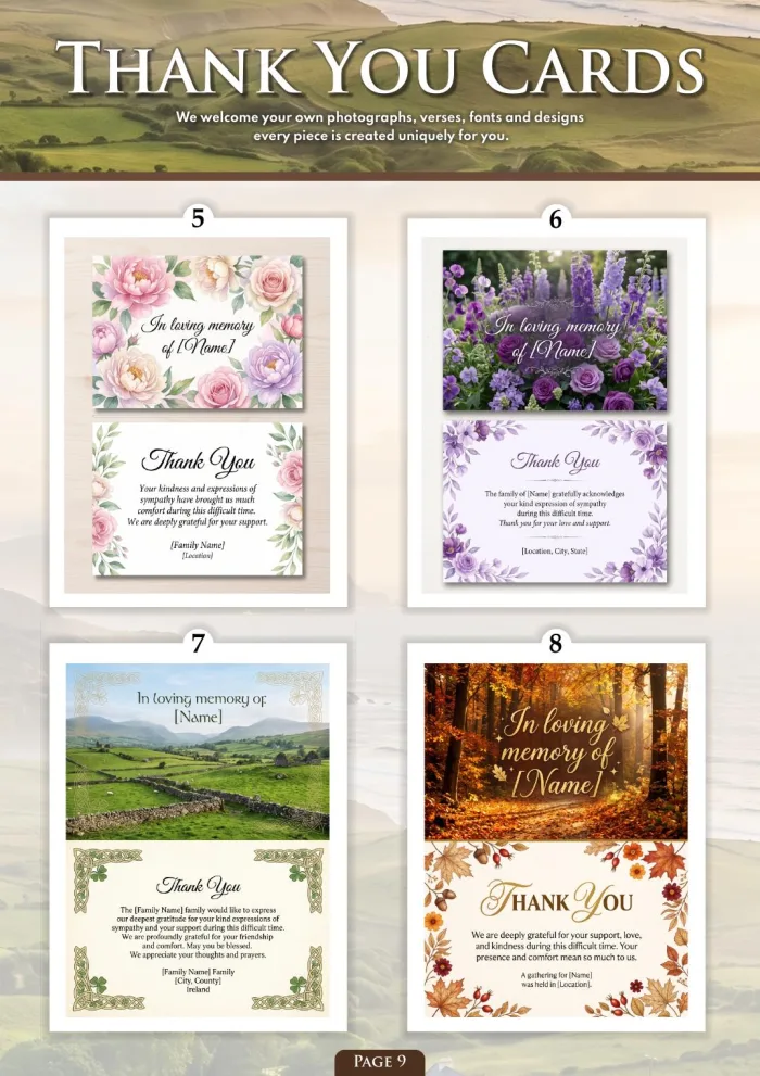 Page 11 of the Irish Memorial Catalogue — Thank you cards 5–8