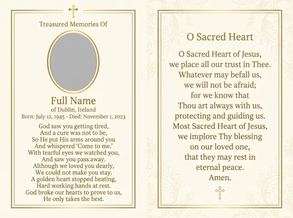 Folding memorial card template 23 — personalised Irish memorial card design with photograph, verse and decorative border