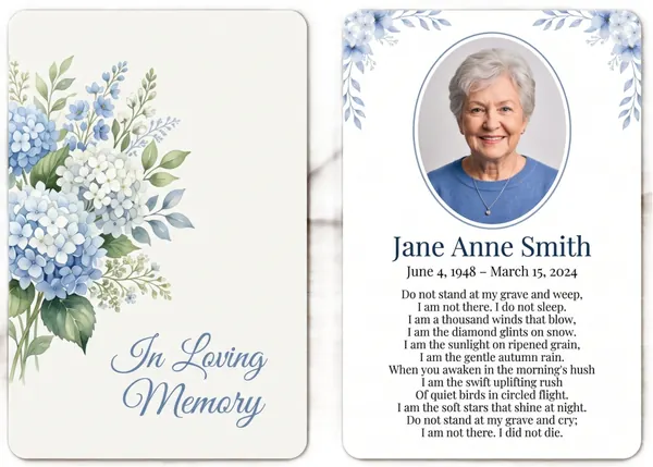 Memorial wallet card template 3 — pocket-sized laminated card with photograph and remembrance verse
