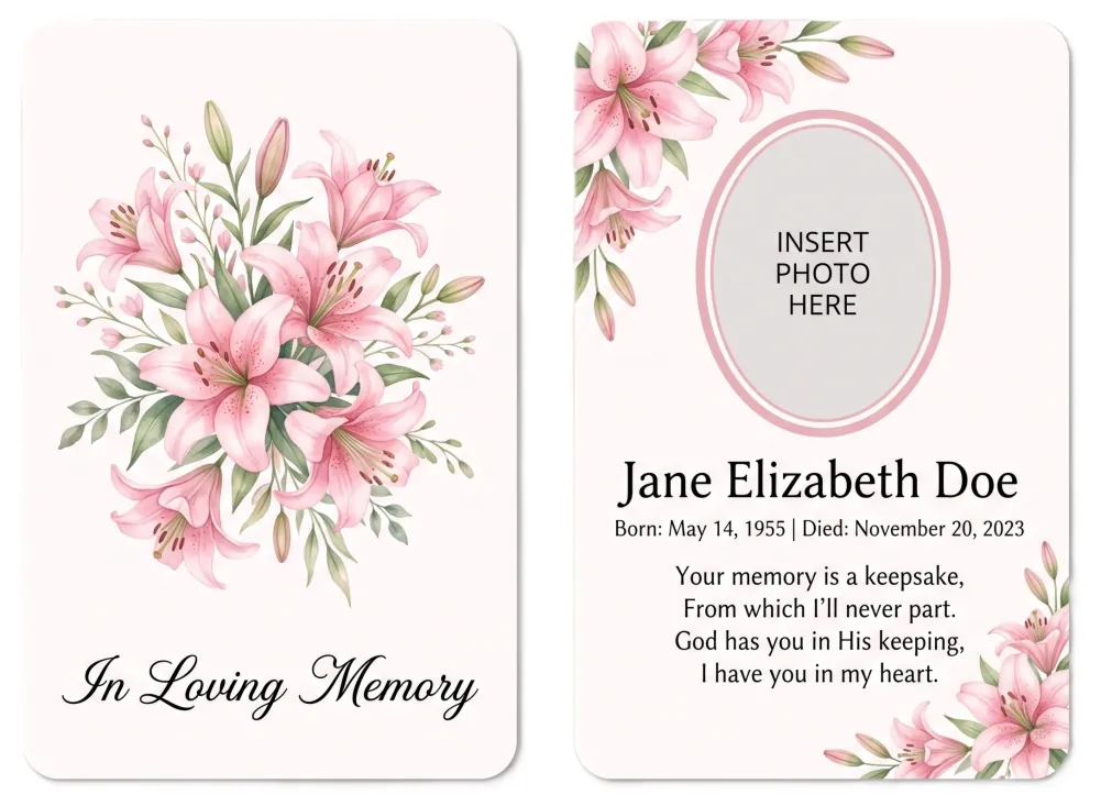 Memorial wallet card template 6 — pocket-sized laminated card with photograph and remembrance verse