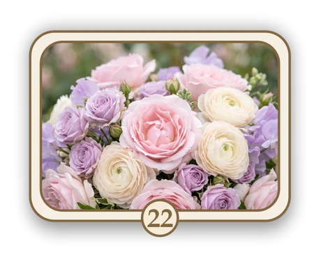 Floral 22 memorial card design — lilac and pink rose bouquet
