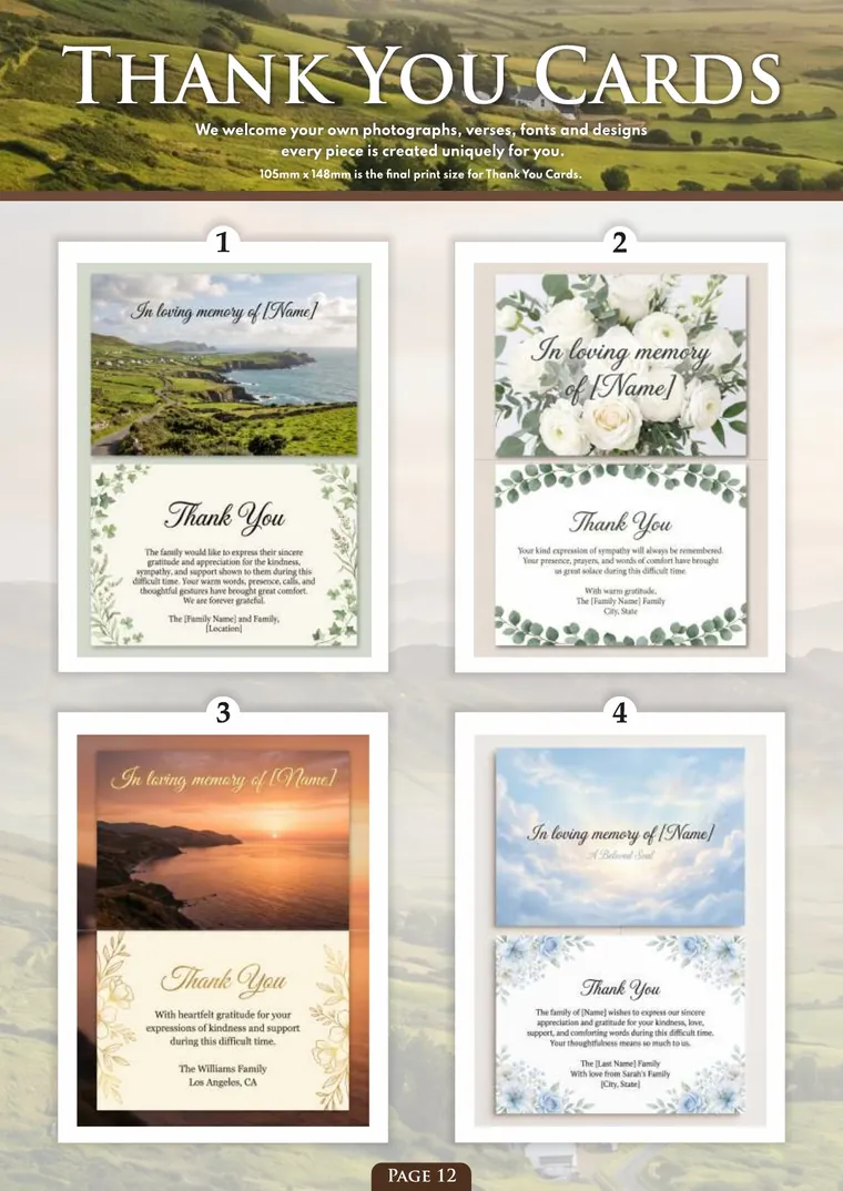 Page 14 of the Irish Memorial Catalogue — Thank you cards 1–4