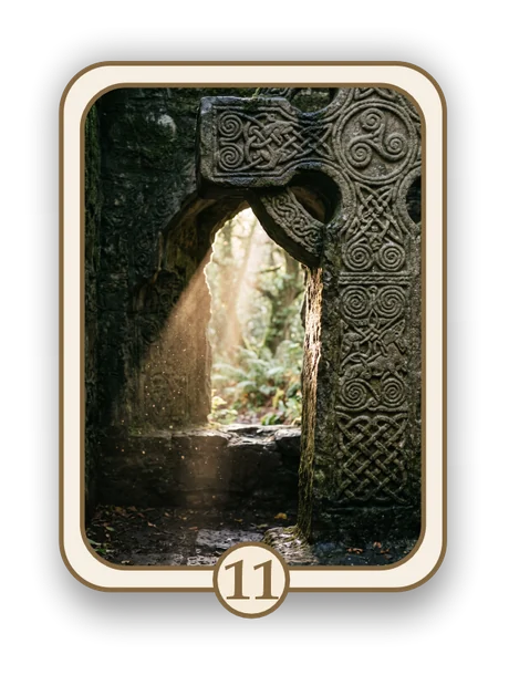 Celtic 11 memorial card design — carved Celtic stone doorway