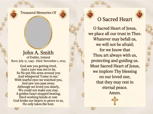 Folding memorial card template 13 — personalised Irish memorial card design with photograph, verse and decorative border