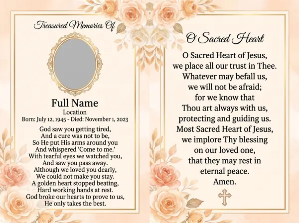 Folding memorial card template 17 — personalised Irish memorial card design with photograph, verse and decorative border