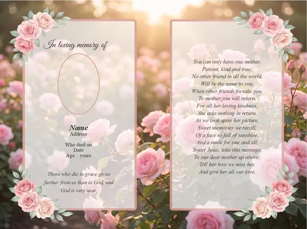 Folding memorial card template 39 — personalised Irish memorial card design with photograph, verse and decorative border