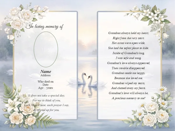 Folding memorial card template 46 — personalised Irish memorial card design with photograph, verse and decorative border