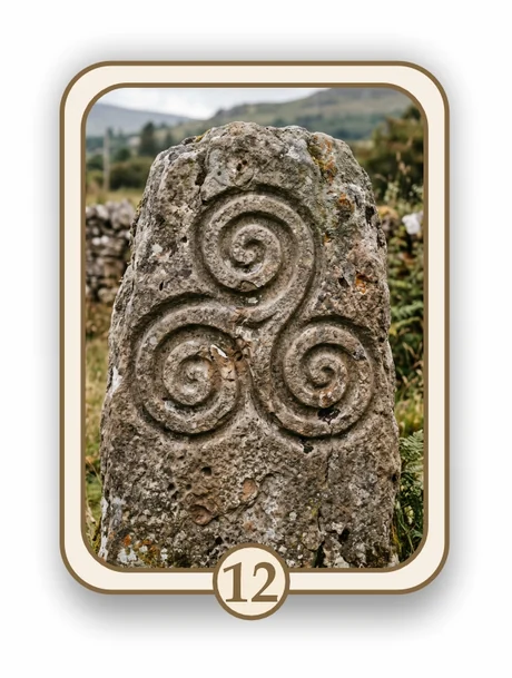 Celtic 12 memorial card design — triple spiral standing stone