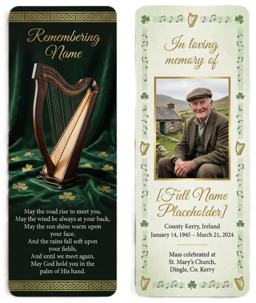 Memorial bookmark template 14 — laminated keepsake bookmark with photograph, prayer and Celtic detail