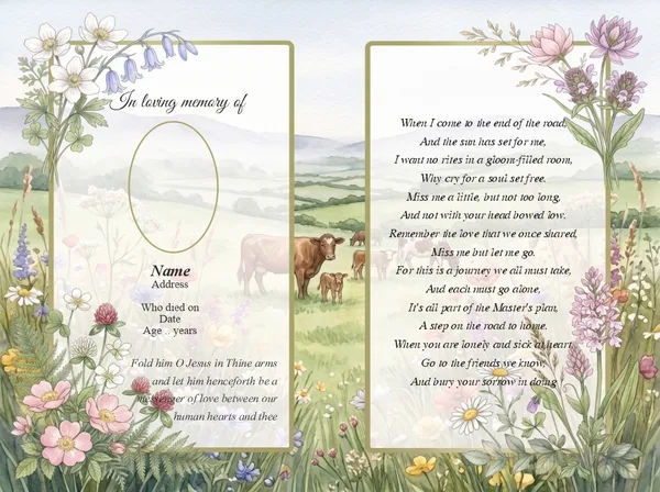 Folding memorial card template 45 — personalised Irish memorial card design with photograph, verse and decorative border