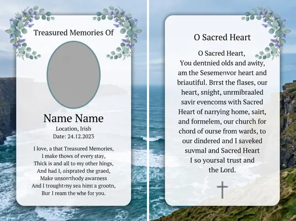 Folding memorial card template 10 — personalised Irish memorial card design with photograph, verse and decorative border