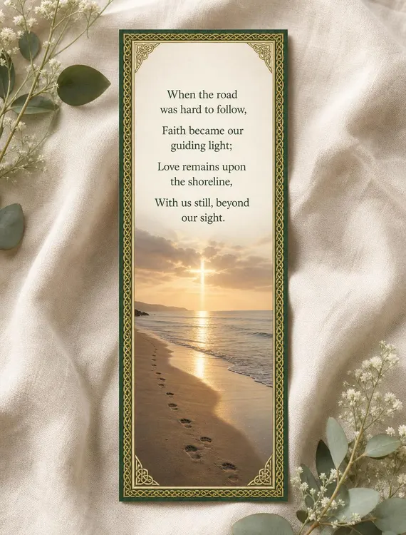Memorial bookmark with shoreline footprints and a subtle cross formed by sunlight