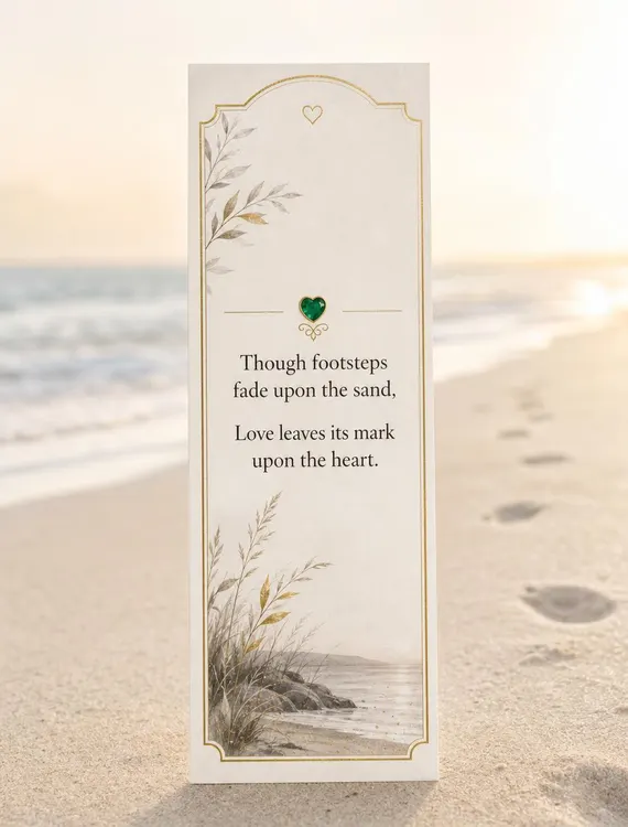Minimal memorial bookmark with an original verse and footprints fading along a beach
