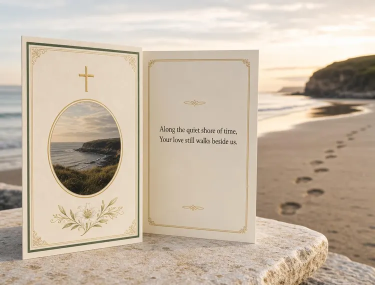 Folding memorial card beside a beach with a trail of footprints in the sand