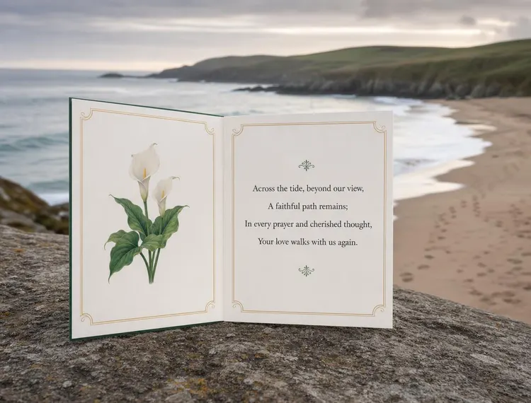 Open folding memorial card with an original verse beside an Irish Atlantic shoreline